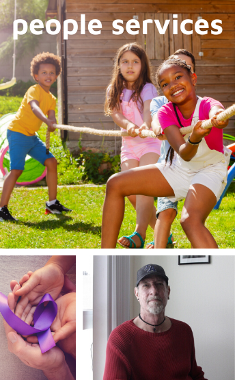 the title "people services", kids playing, a purple ribbon, a man